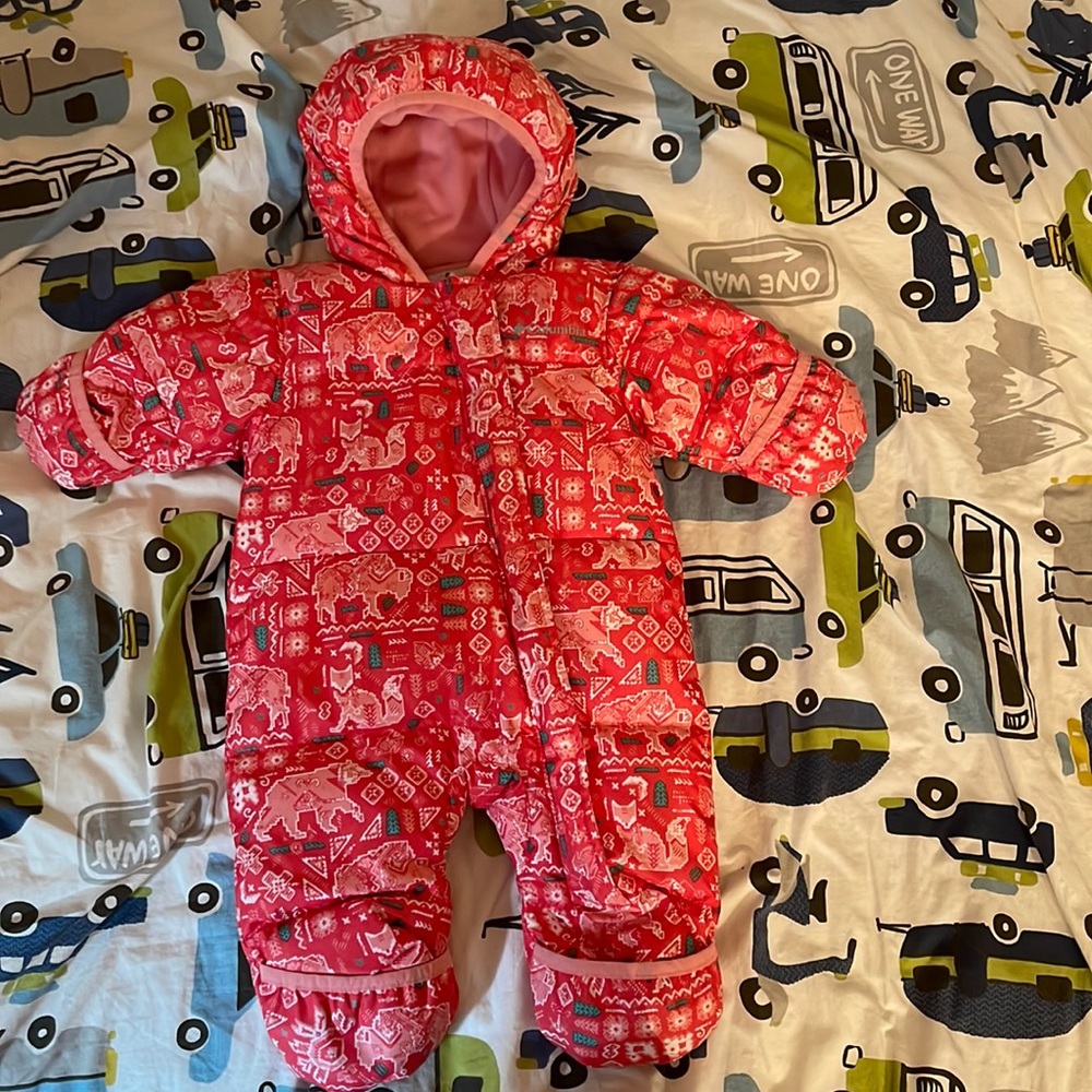 Patterned pink Columbia snowsuit for 3-6mths